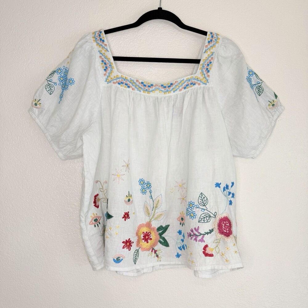 JOHNNY WAS Martine Wander Linen Top XL White Embroidered Coastal Resortwear READ